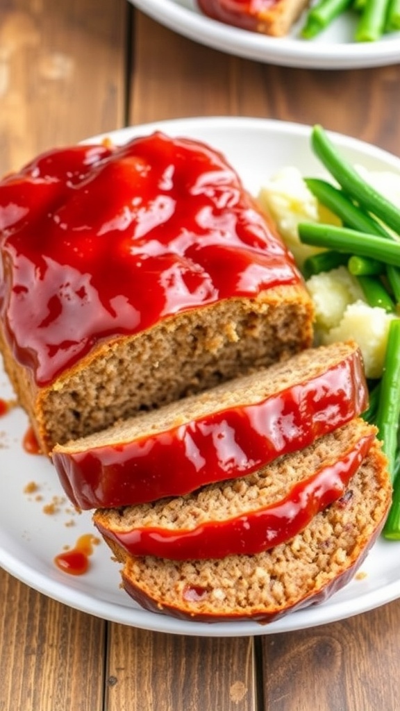 Sliced air fryer meatloaf with ketchup glaze, served with mashed potatoes and green beans on a rustic table.